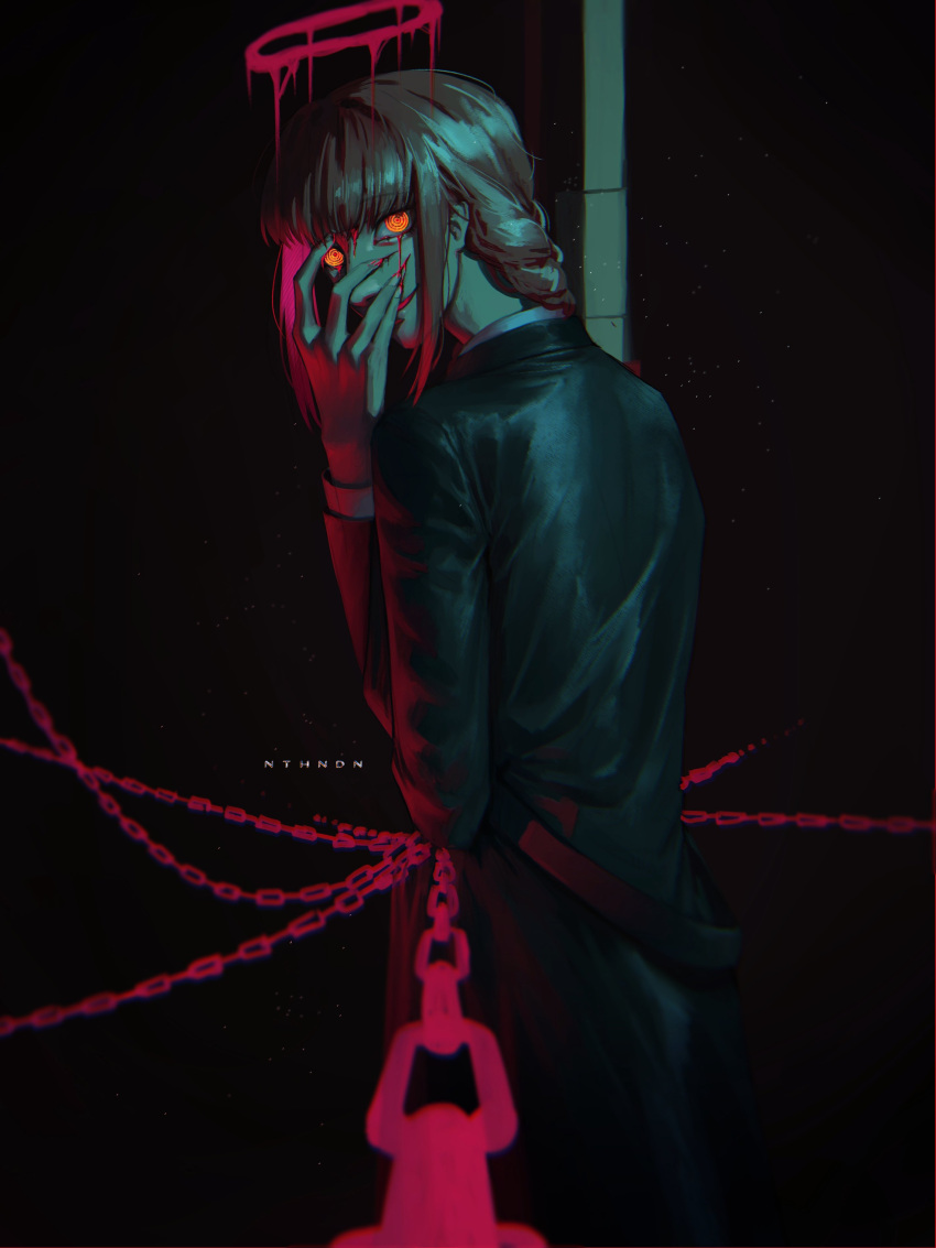 1girl, absurdres, artist_name, black_coat, blood, blood_on_face, braid, braided_ponytail