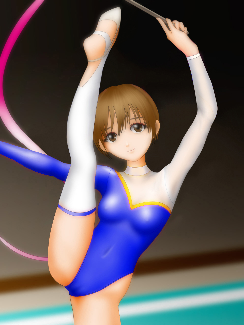 brown_hair, flexible, gymnastics, highres, leg_up, leotard, rhythmic_gymnastics, ribbon