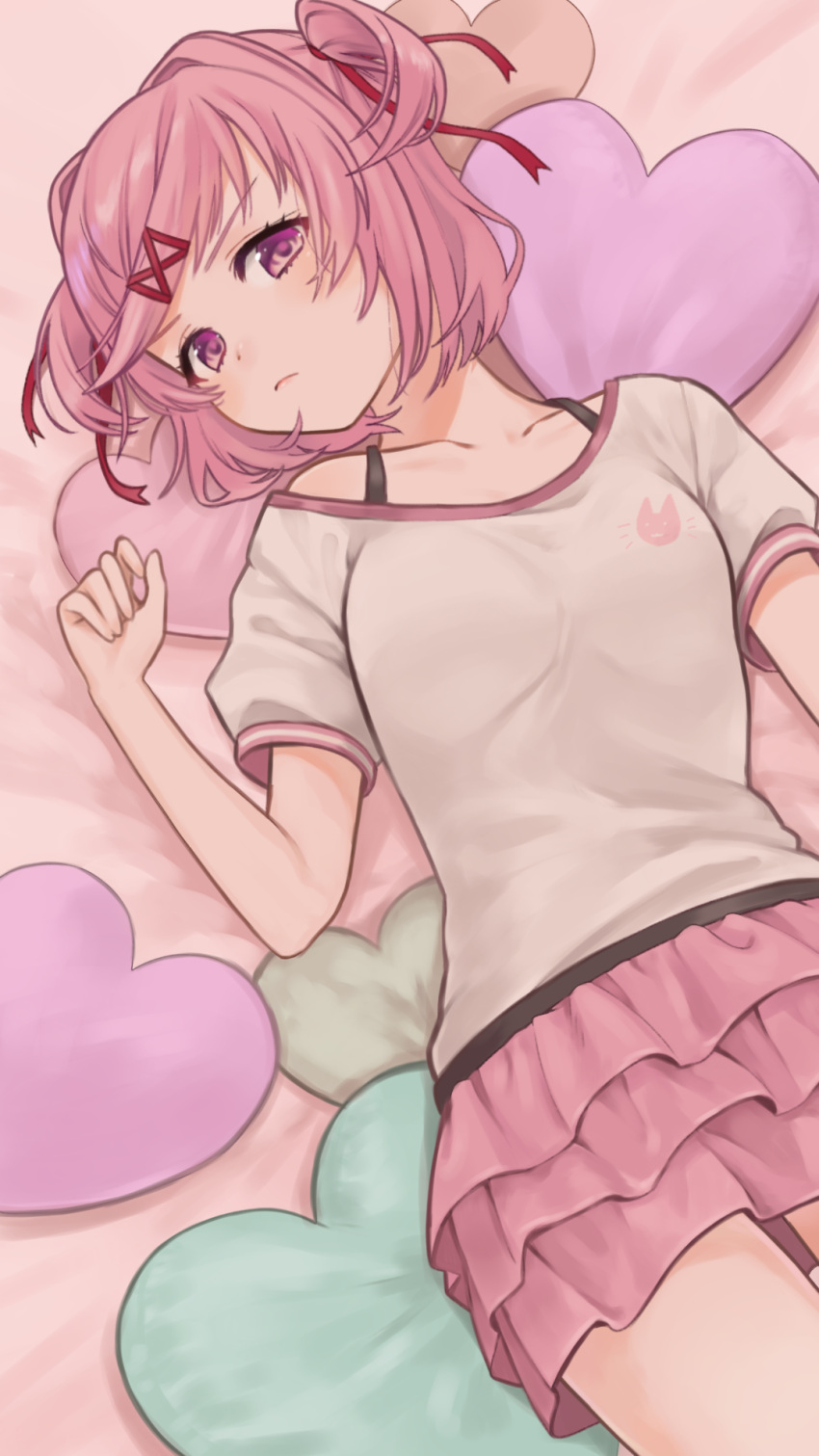 1girl, :<, arm_at_side, bed_sheet, blush, bra_strap, breasts, cat_symbol