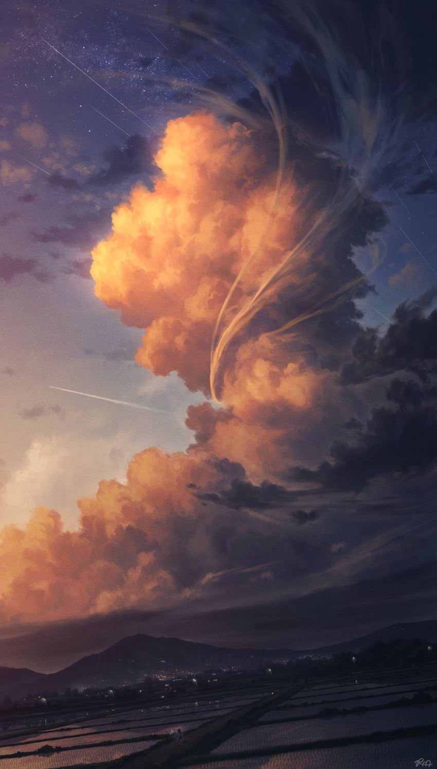 absurdres, city_lights, cloud_focus, clouds, contrail, cumulonimbus_cloud, dark_clouds, highres