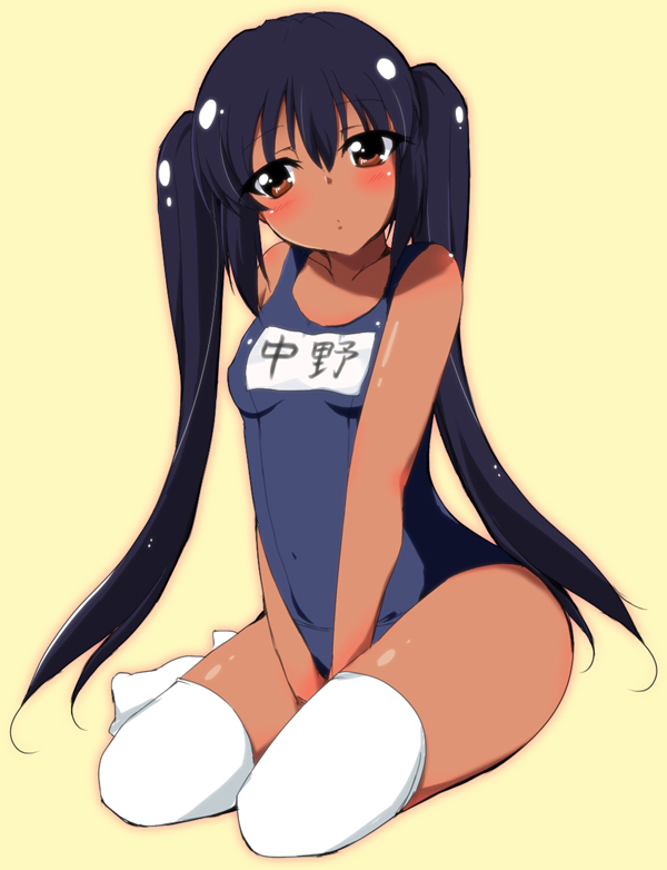 blight_sphere, blush, brown_eyes, dark_skin, k-on!, kneeling, long_hair, nakano_azusa