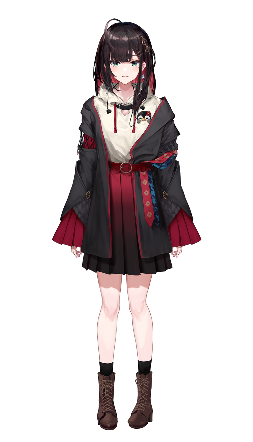 1girl, ahoge, belt, black_hair, black_jacket, black_socks, boots, brown_footwear