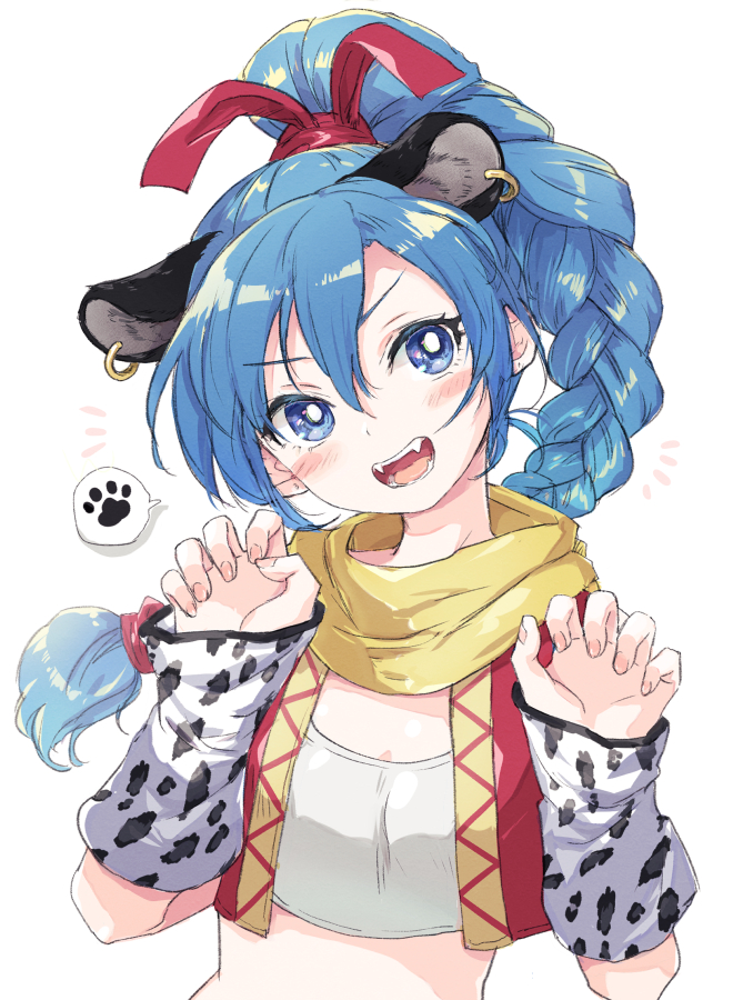 1girl, animal_ears, blue_eyes, blue_hair, blush, braid, braided_ponytail, dragon_quest, dragon_quest_xi, grin, hair_ribbon, jewelry, long_hair, longdenkikettle, looking_at_viewer, maya_(dq11), open_mouth, red_vest, ribbon, scarf, simple_background, single_braid, smile, solo, vest, white_background
