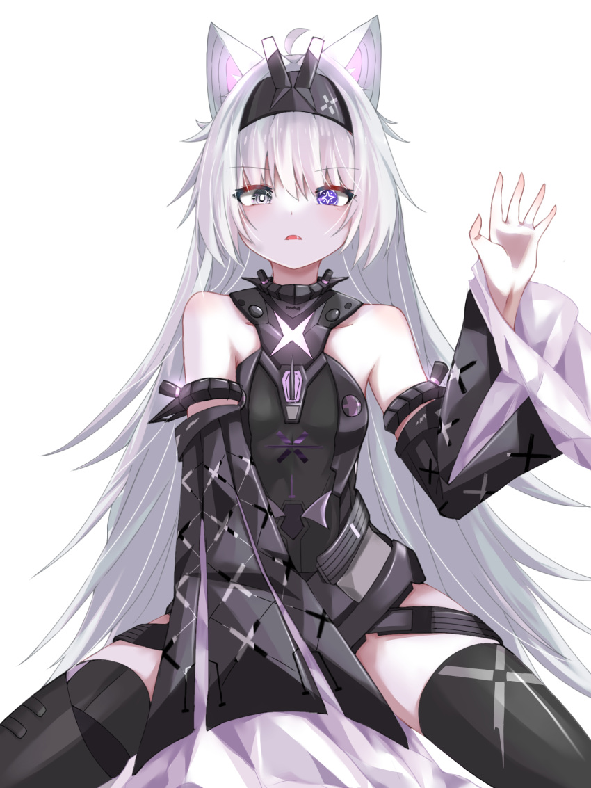 1girl, ahoge, asymmetrical_irises, bare_shoulders, black_dress, black_hairband, black_sleeves, blue_eyes, bright_pupils, cross-shaped_pupils, detached_sleeves, dress, fang, grey_hair, hairband, heterochromia, highres, ling_yi_i, long_hair, no.21:_feral_scent_(punishing:_gray_raven), no.21_(punishing:_gray_raven), open_mouth, punishing:_gray_raven, ringed_eyes, sidelocks, sleeves_past_fingers, sleeves_past_wrists, symbol-shaped_pupils, very_long_hair, white_background, white_pupils, wide_sleeves