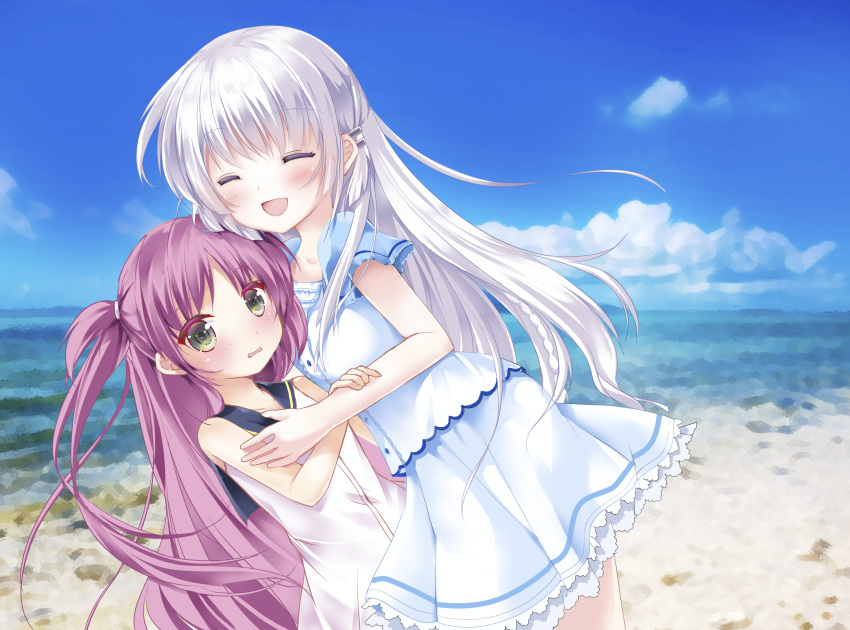 2girls, :d, ^_^, absurdres, asahina_yori, beach, blue_sailor_collar, blue_sky