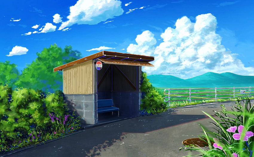 bench, blue_sky, blurry, bus_stop, bush, clouds, day, depth_of_field, field, flower, furumiya-underson, grass, highres, landscape, manhole_cover, mixed-language_commentary, mountain, mountainous_horizon, no_humans, original, outdoors, railing, road, rural, scenery, sign, sky, tree