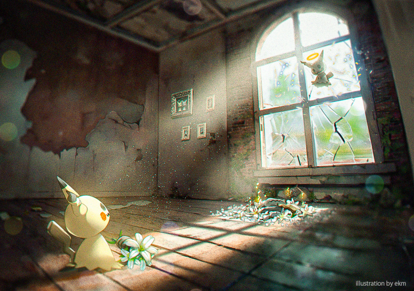 artist_name, commentary_request, crack, day, ekm, flower, halo, light_rays, mimikyu, no_humans, pokemon, pokemon_(creature), ruins, shadow, watermark, window