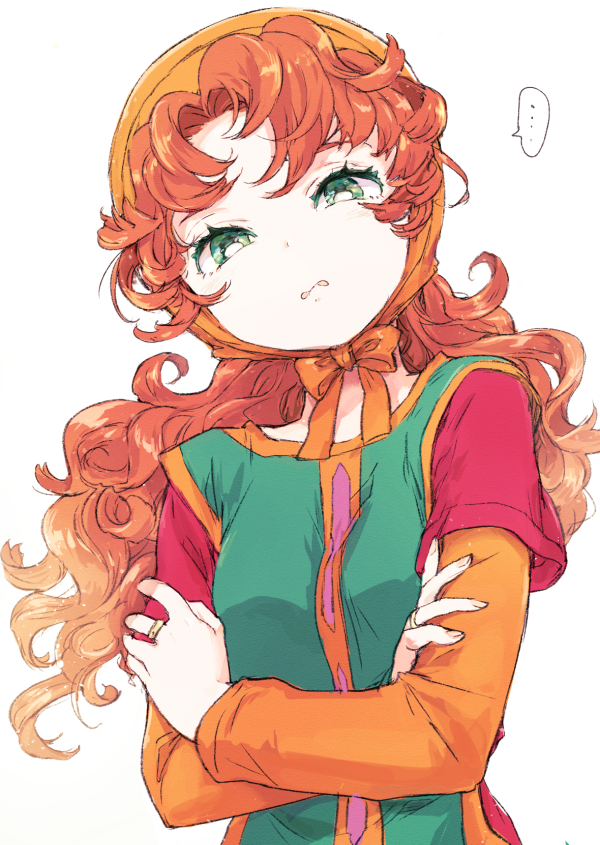 1girl, curly_hair, dragon_quest, dragon_quest_vii, dress, green_eyes, head_scarf, jewelry