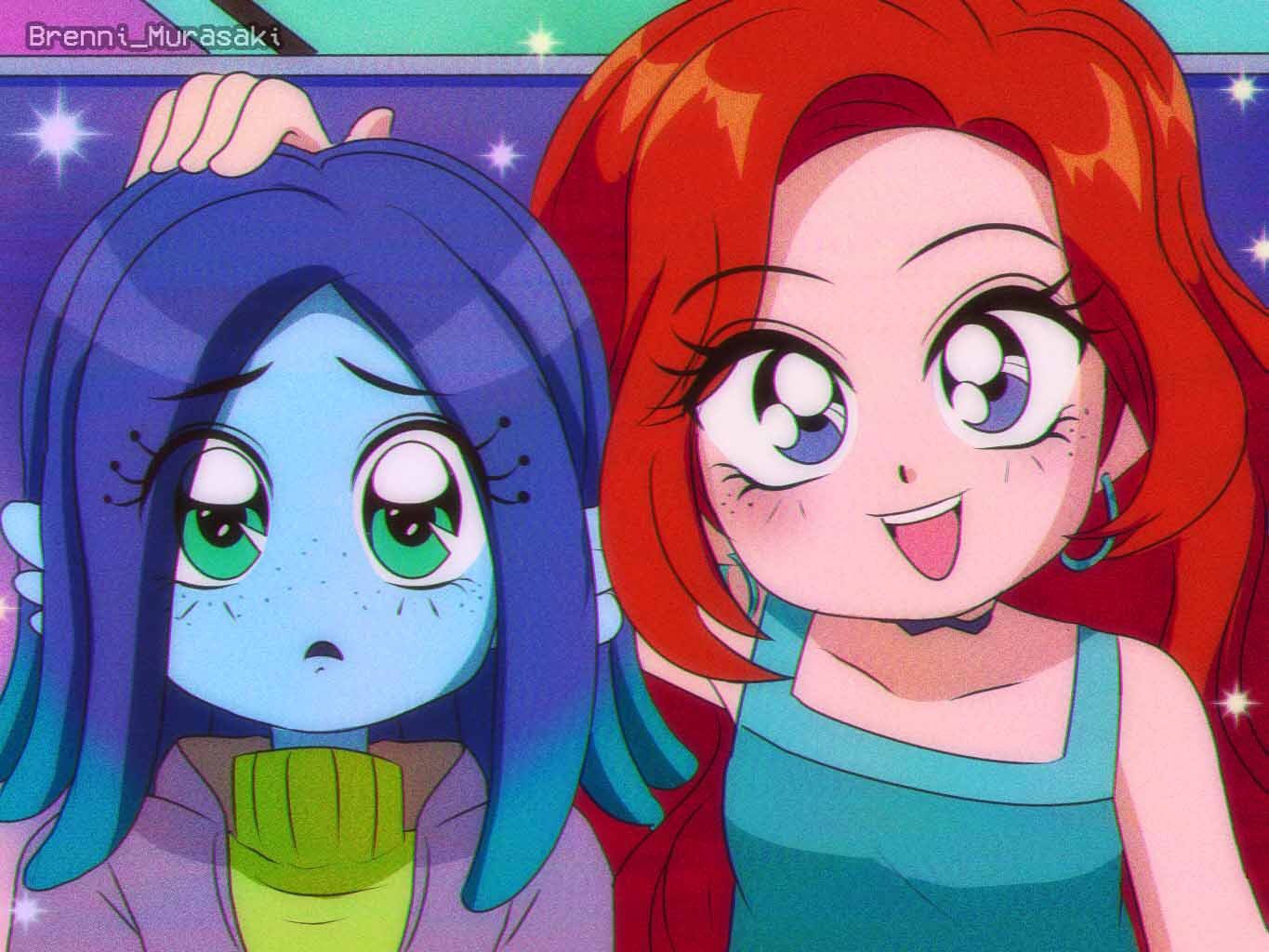 1990s_(style), 2girls, animification, blue_eyes, blue_hair, blue_skin, brenni_murasaki, chelsea_(ruby_gillman), colored_skin, earrings, eyelashes, fins, green_eyes, green_hair, green_sweater, hand_on_another's_head, head_fins, hoop_earrings, jewelry, long_hair, monster_girl, multicolored_hair, multiple_girls, open_mouth, redhead, retro_artstyle, ruby_gillman, ruby_gillman:_teenage_kraken, smile, sweater