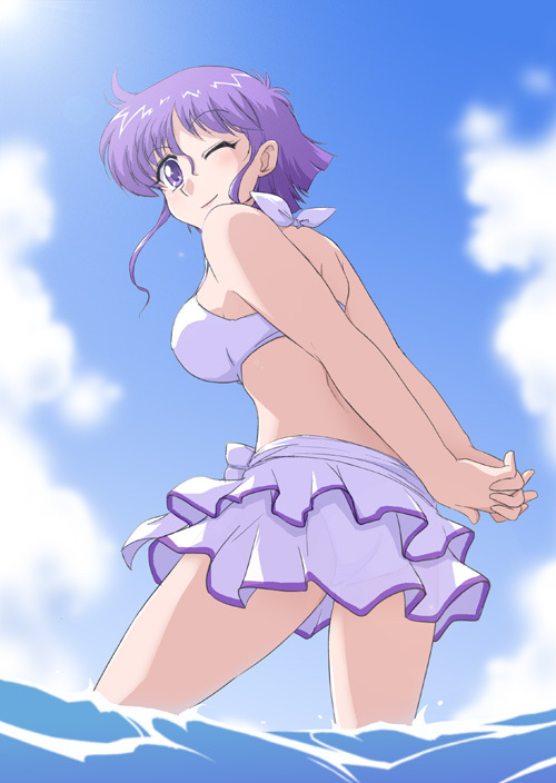 arms_behind_back, back, bikini, bioroid_hei, looking_back, ocean, purple_eyes, purple_hair