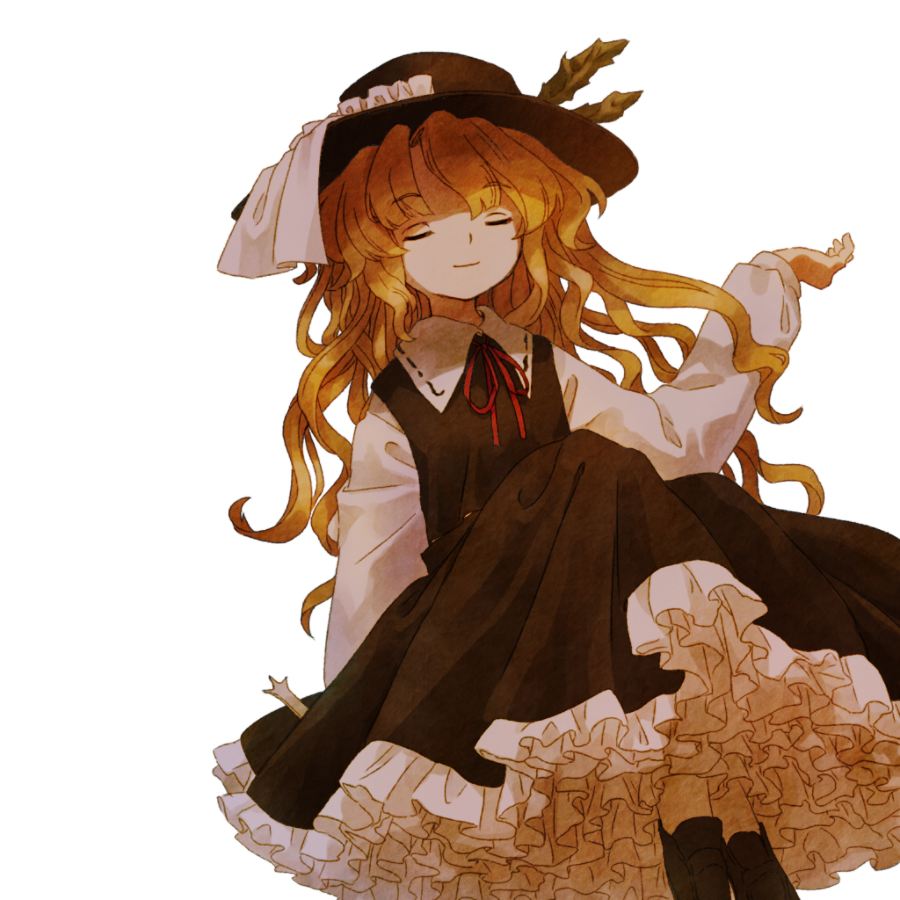 1girl, blonde_hair, brown_dress, brown_footwear, brown_headwear, closed_eyes, closed_mouth, collared_shirt