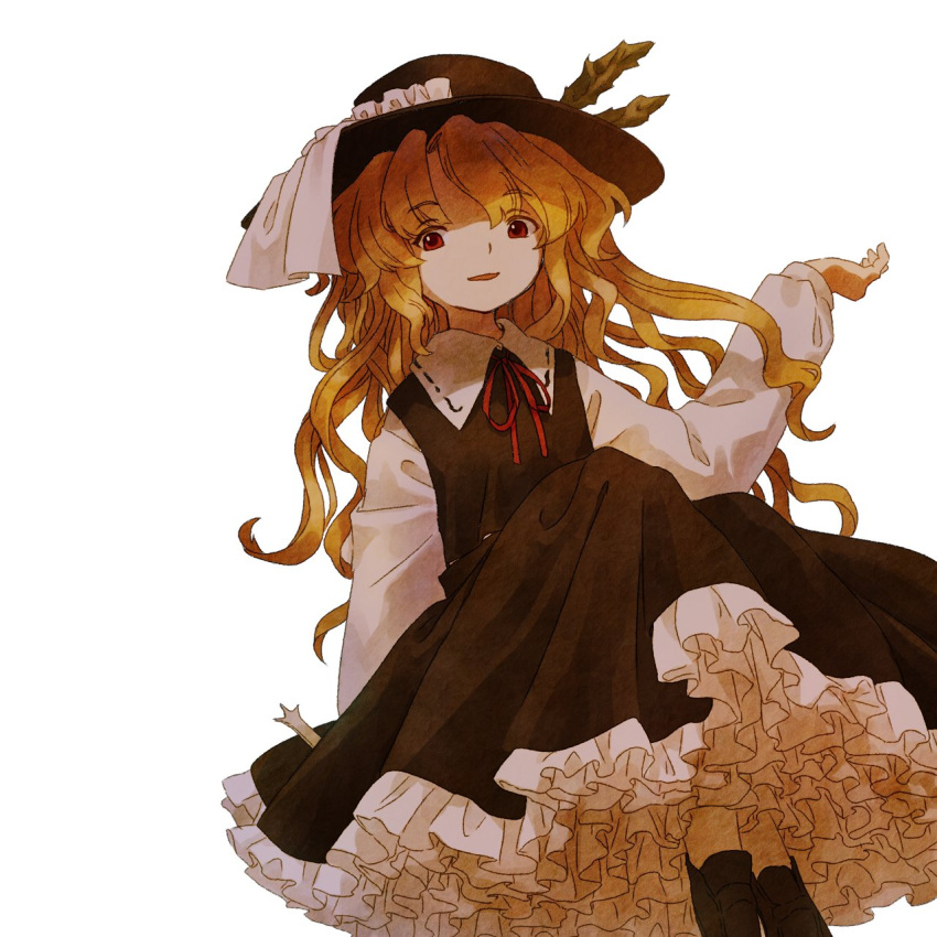 1girl, blonde_hair, brown_dress, brown_footwear, brown_headwear, collared_shirt, commentary_request, dress