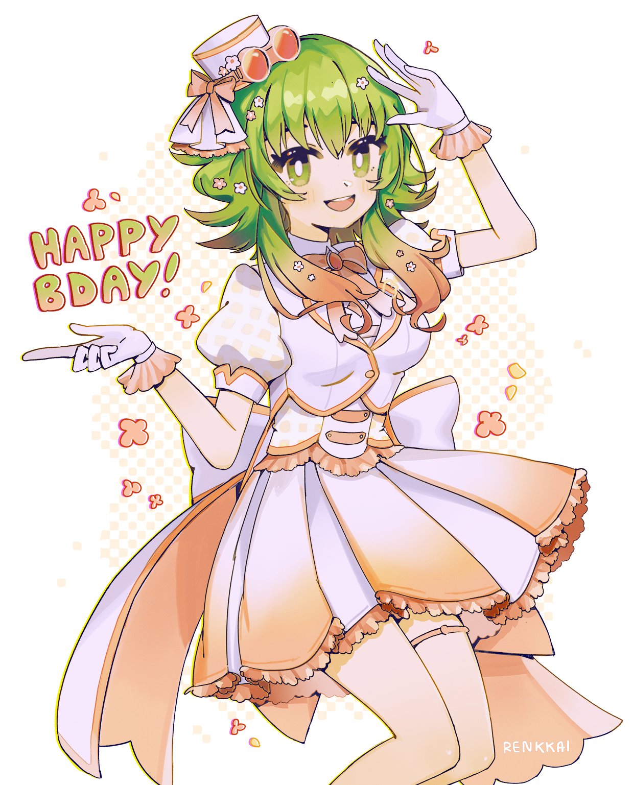 1girl, back_bow, bow, bright_pupils, commentary, gloves, gradient_hair, green_eyes
