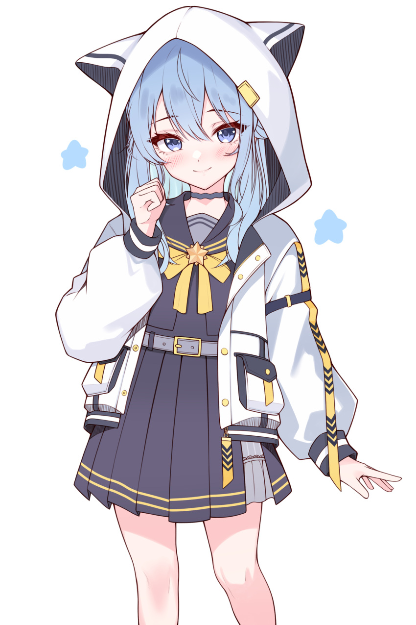 1girl, amaki_daisuke, animal_hood, black_sailor_collar, black_serafuku, black_skirt, blue_eyes, blue_hair