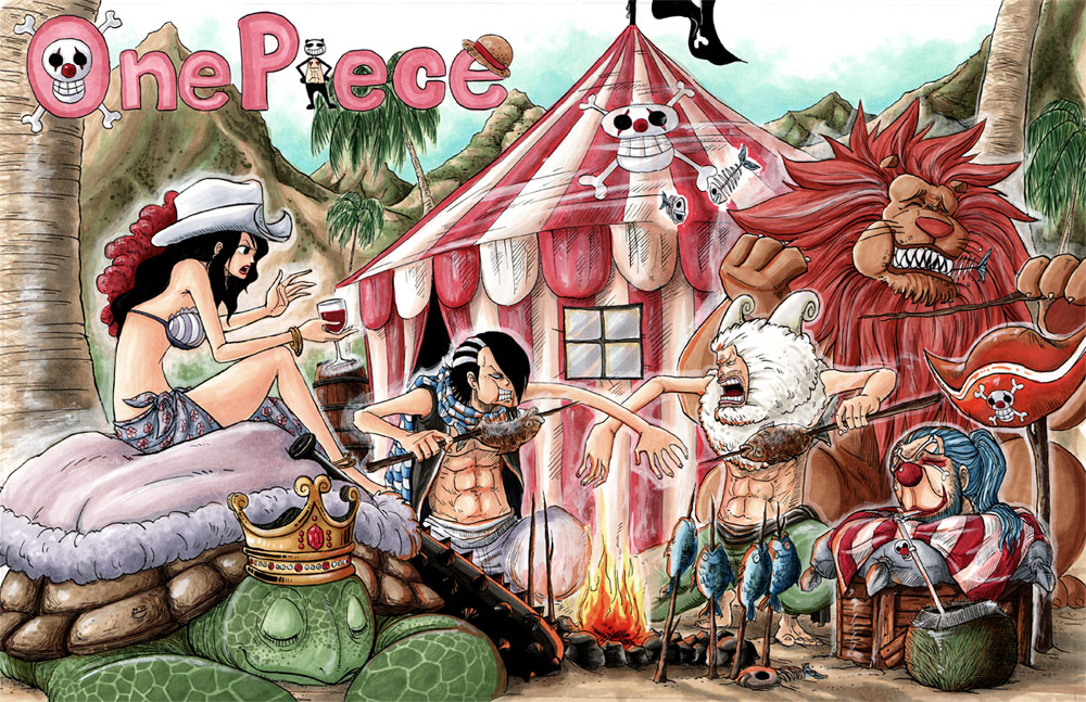 1girl, 3boys, alvida_(one_piece), animal, animal_ears, asymmetrical_bangs, bikini, bikini_top_only
