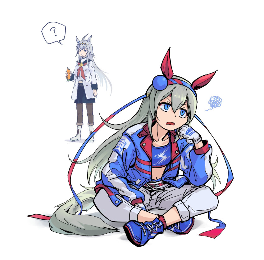 2girls, ?, ahoge, animal_ears, belt, blue_eyes, blue_footwear, blue_jacket