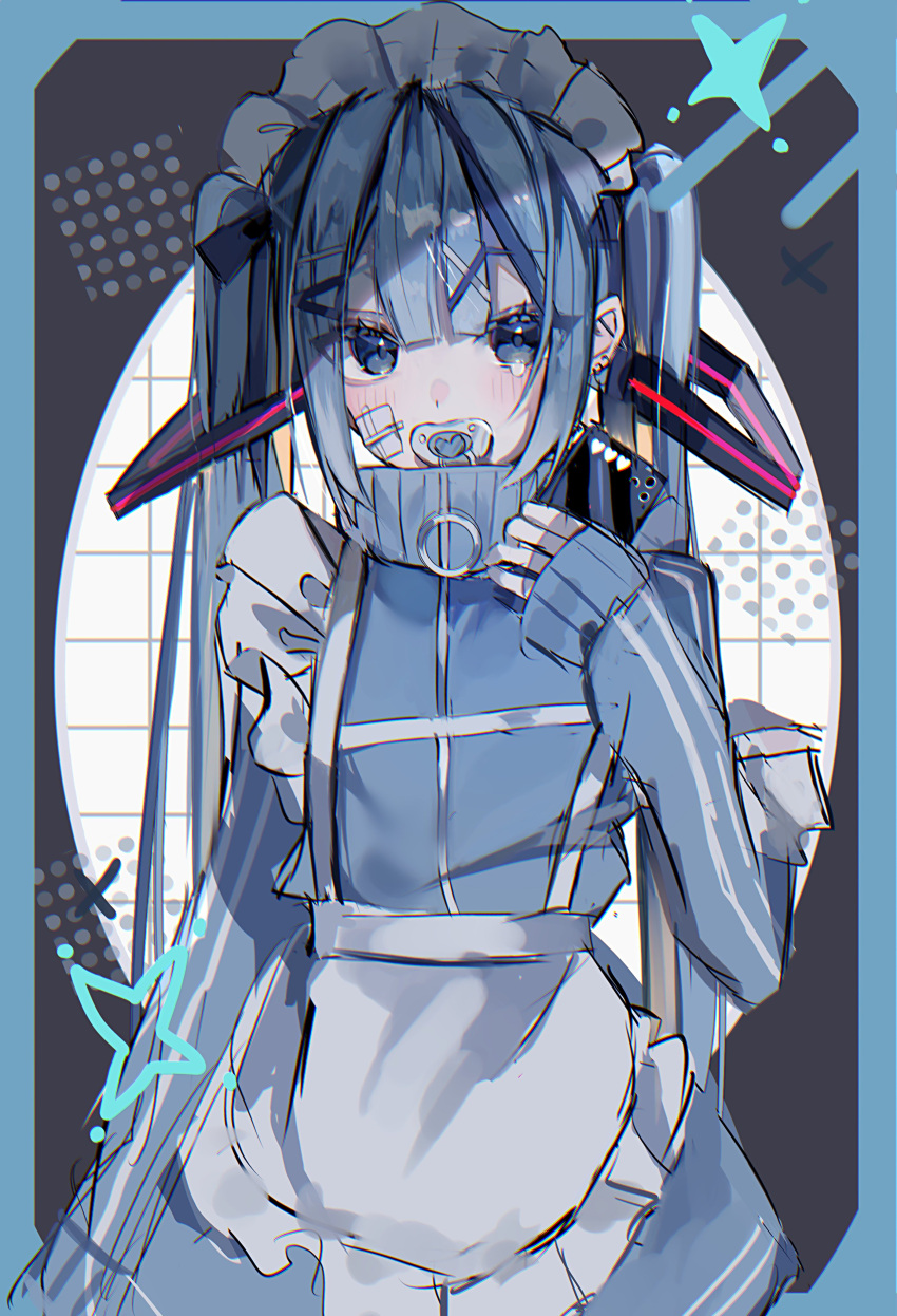 absurdres, apron, blue_eyes, blue_hair, blush, commentary, hair_ornament, hatsune_miku