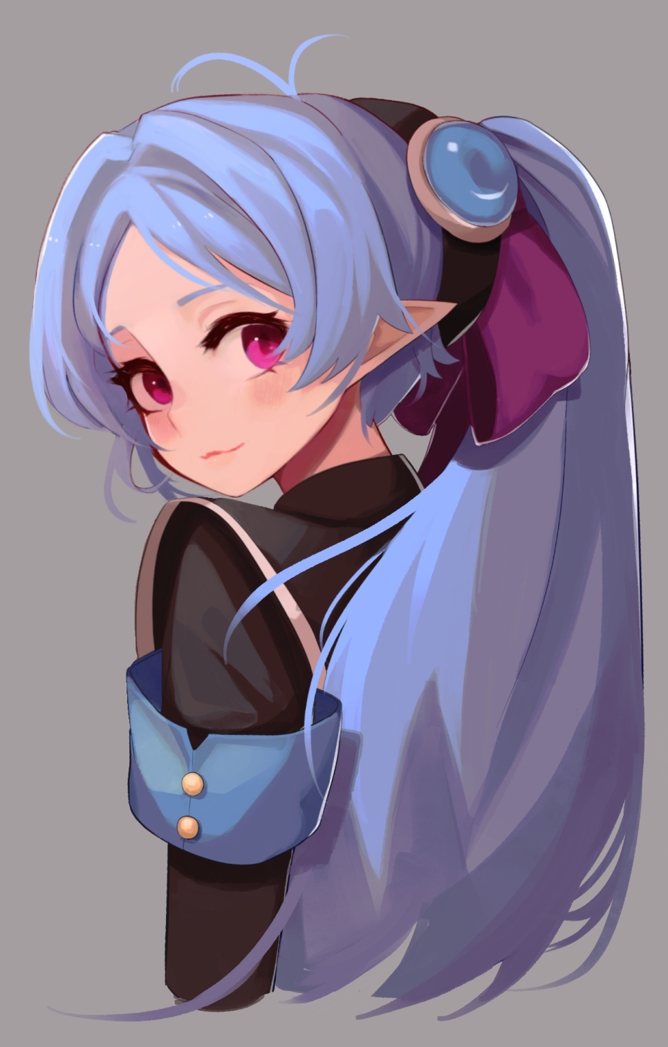1girl, black_shirt, blue_armband, blue_hair, bow, closed_mouth, dungeon_and_fighter, from_behind