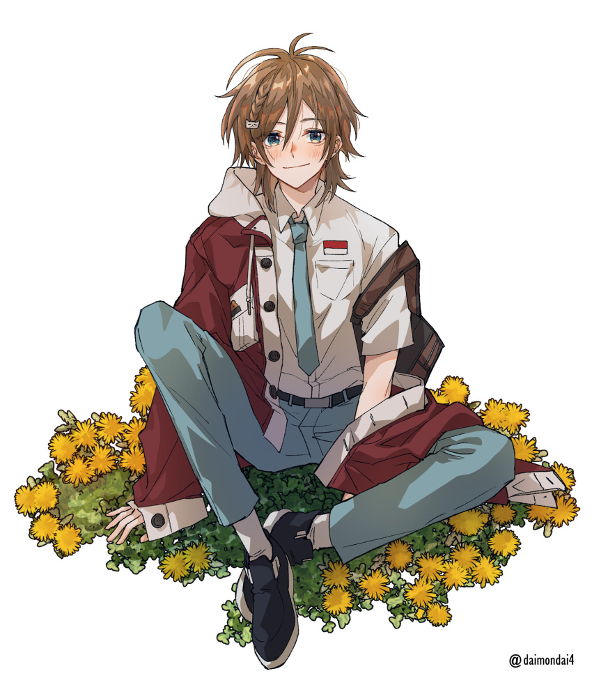 1boy, bishounen, blue_eyes, blue_necktie, blue_pants, brown_hair, daimondai4, full_body