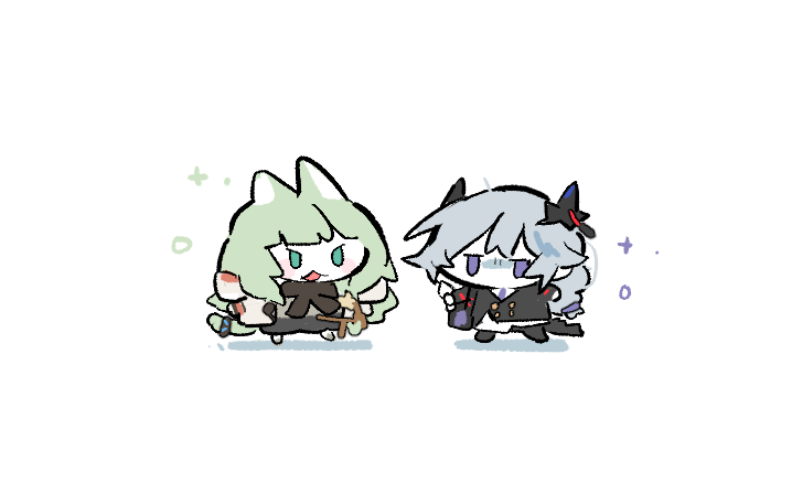 1boy, 1girl, animal_ears, arknights, braid, cat_ears, cat_girl, chibi