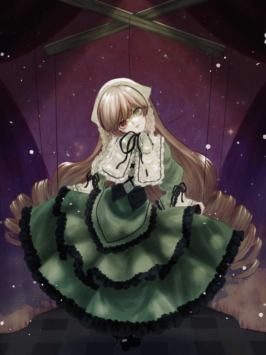 1girl, brown_hair, control_bar, dress, drill_hair, expressionless, frilled_dress, frills