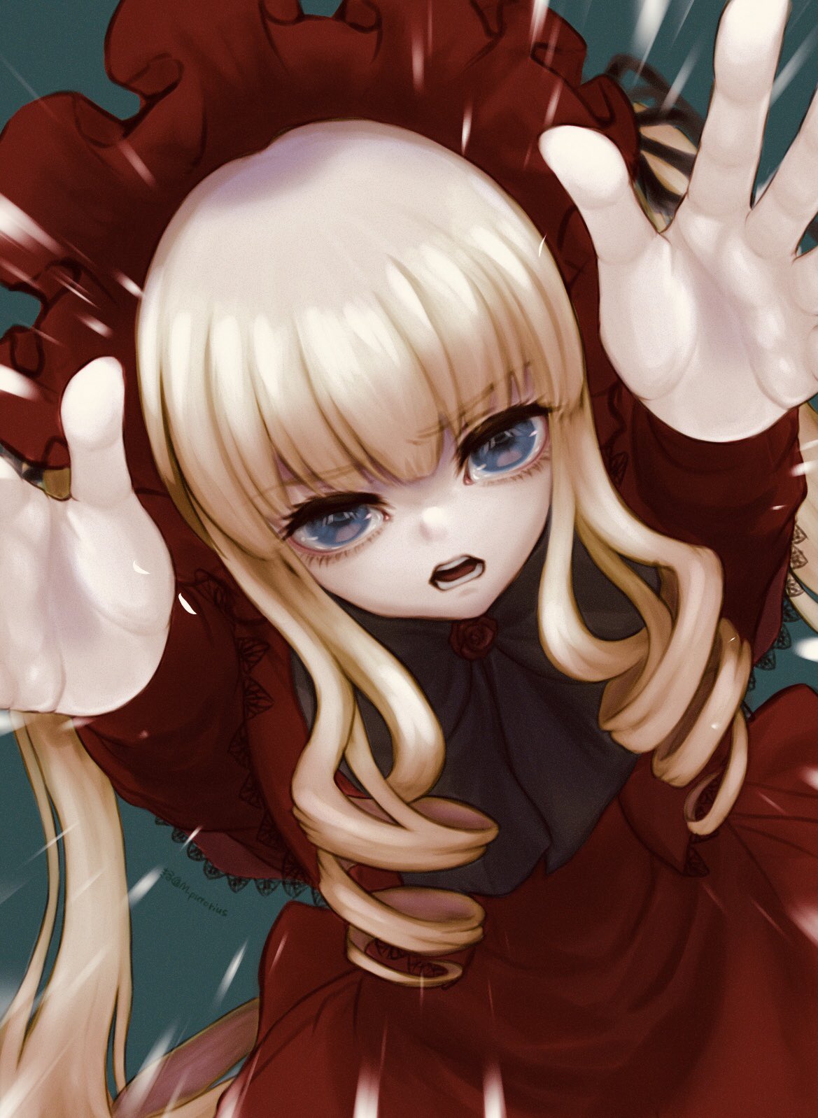 1girl, blonde_hair, blue_eyes, bonnet, dress, drill_hair, highres, kiru_(m_putorius)