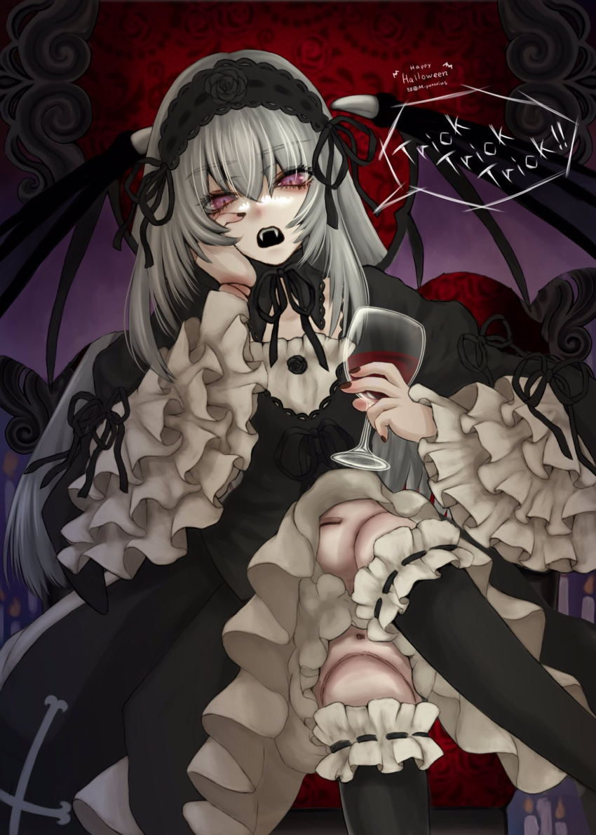 1girl, black_dress, black_hairband, crossed_legs, cup, demon_wings, doll_joints, dress