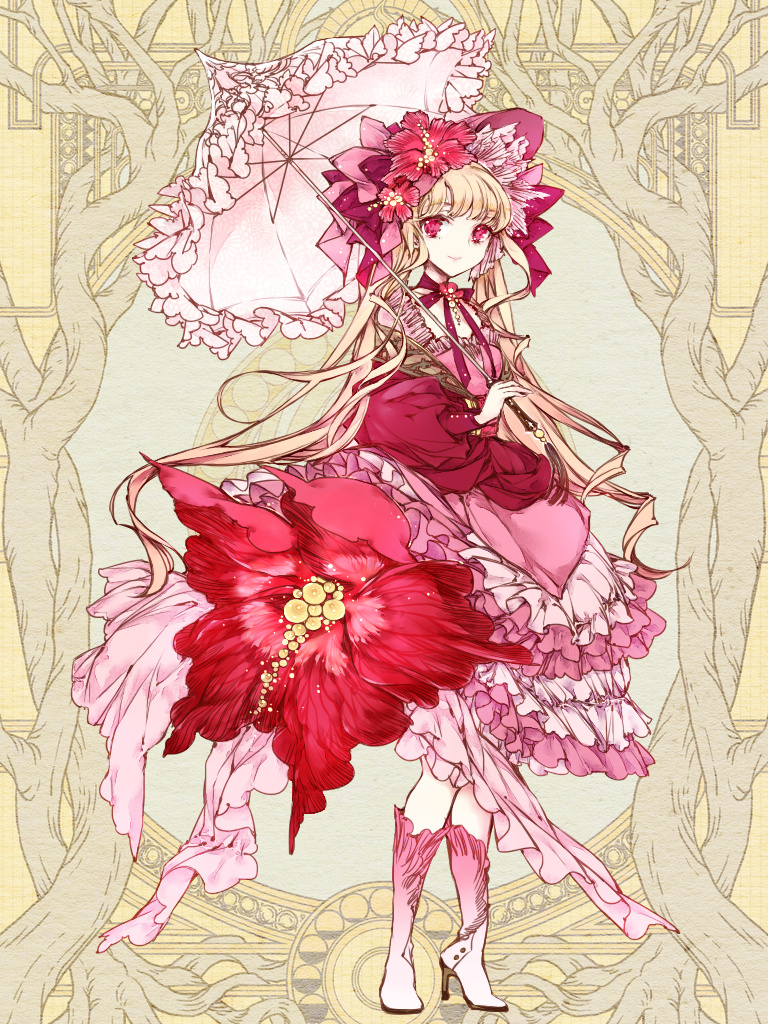 1girl, blonde_hair, dairoku_ryouhei, dress, flower, frilled_dress, frills, full_body