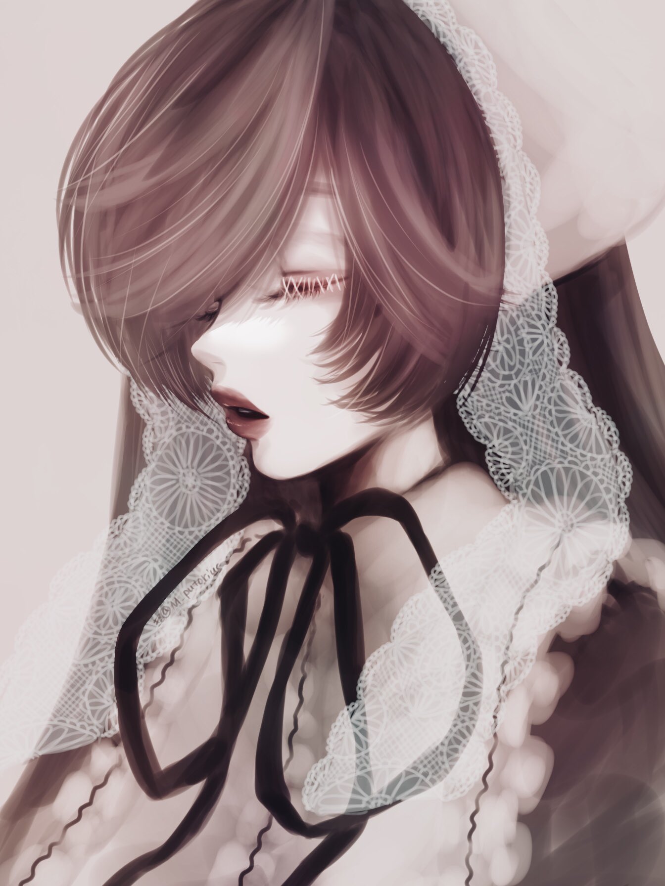 1girl, black_ribbon, brown_hair, closed_eyes, dress, grey_background, head_scarf, highres
