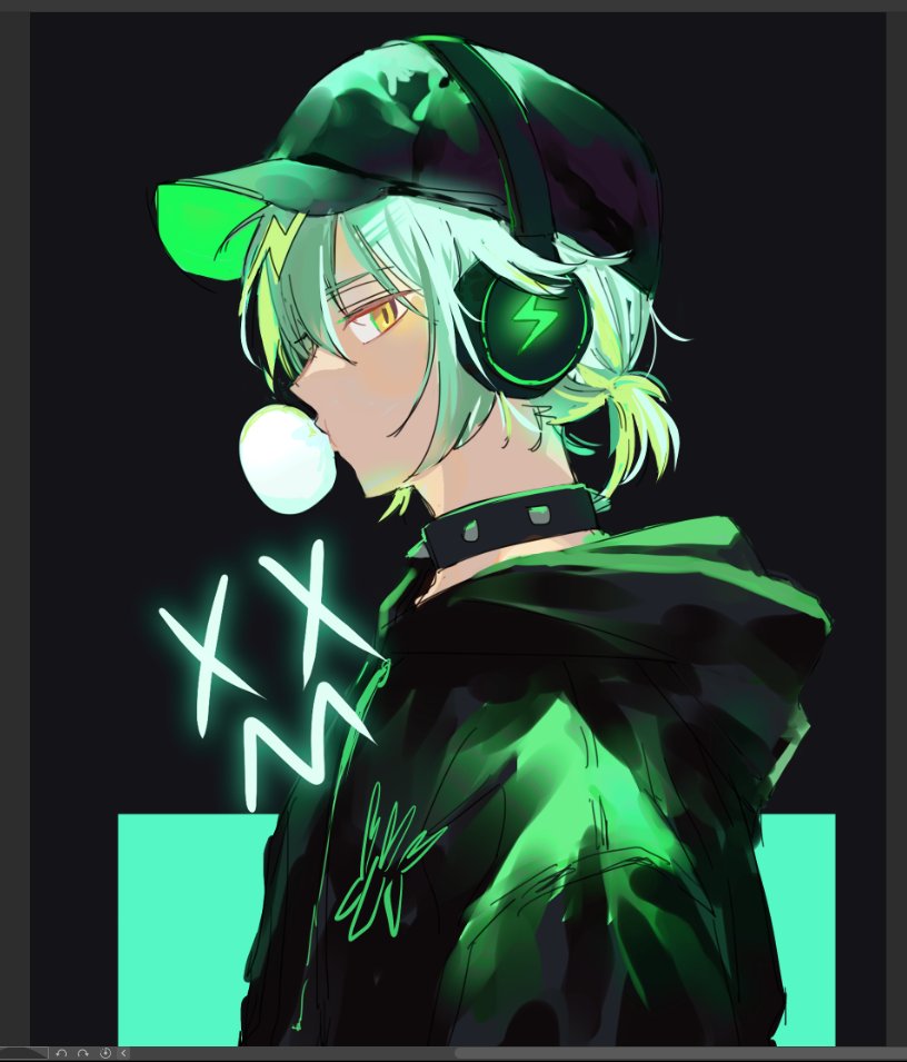 1boy, aqua_hair, baseball_cap, black_background, black_choker, black_headwear, black_hoodie, border, brown_border, bubble_blowing, chewing_gum, choker, facing_to_the_side, green_background, h4td4, hat, headphones, hood, hood_down, hoodie, light_green_hair, looking_at_viewer, male_focus, mikoshiba_kenta, multicolored_background, multicolored_hair, paradox_live, solo, spiked_choker, spikes, yellow_eyes