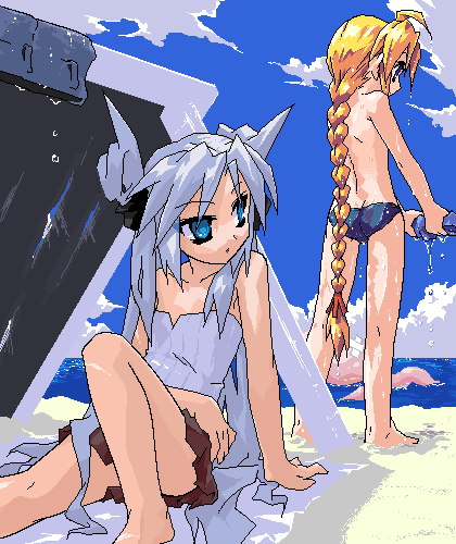 bad_id, barefoot, beach, blonde_hair, blue_eyes, bow, braid, cloud