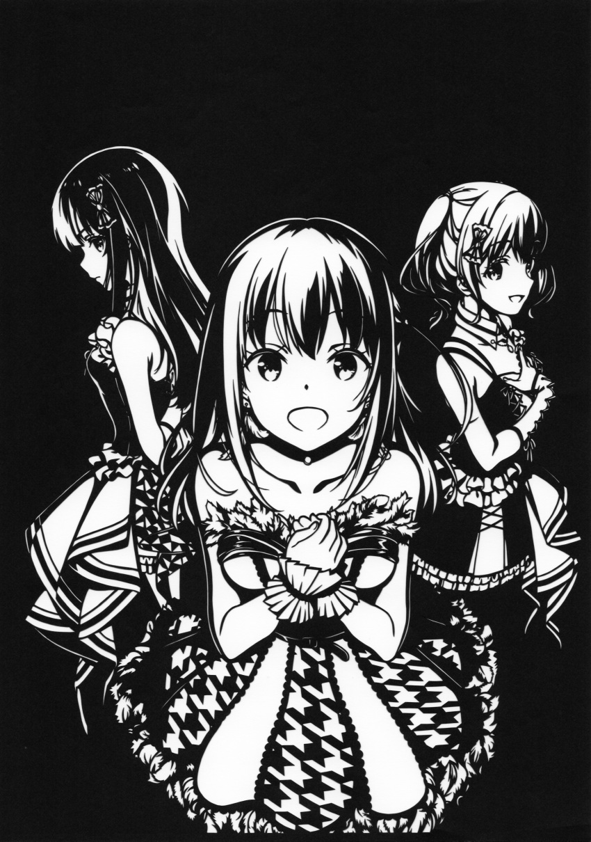 3girls, :d, absurdres, bare_shoulders, bow, breasts, collarbone, cowboy_shot