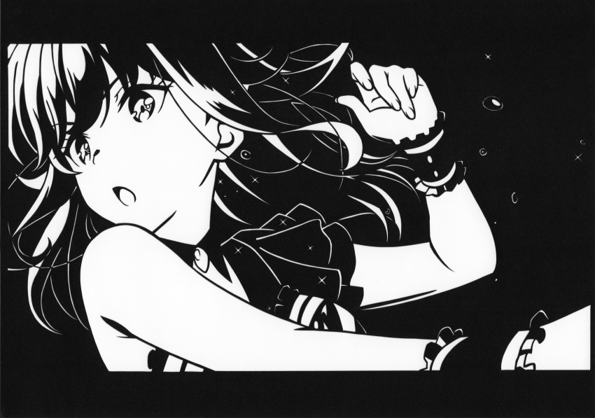 1girl, :c, absurdres, bare_shoulders, floating_hair, greyscale, hand_up, hayasaka_mei, highres, idoly_pride, letterboxed, long_bangs, long_hair, looking_to_the_side, monochrome, moy1124, open_mouth, paper_cutout_(medium), shirt, sidelocks, sleeveless, sleeveless_shirt, solo, sparkle, upper_body, wrist_cuffs