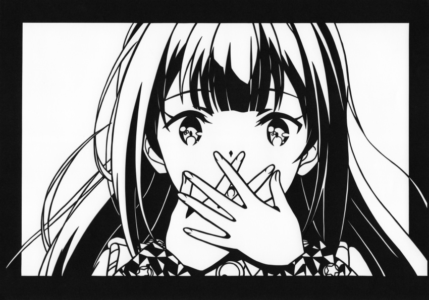 1girl, :c, absurdres, black_border, border, close-up, covering_mouth, greyscale