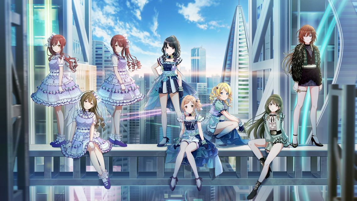 6+girls, :o, ahoge, aketa_mikoto, alstroemeria_(idolmaster), bare_legs, black_coat, black_footwear