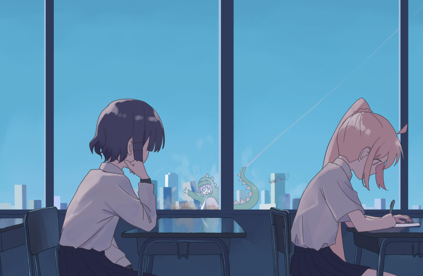 3girls, ahoge, black_hair, black_skirt, blonde_hair, bocchi_the_rock!, building, chair