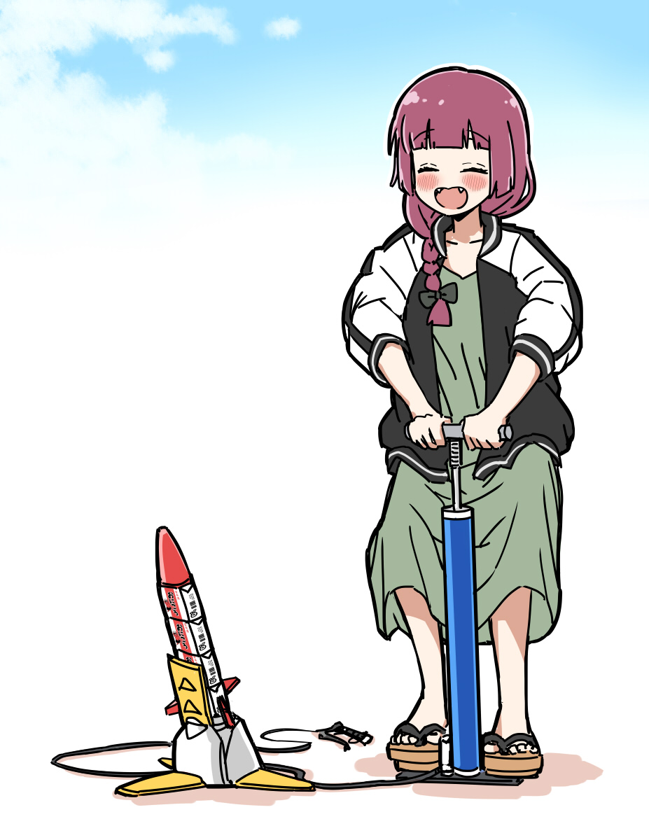 1girl, air_pump, alcohol_carton, bicycle_pump, black_jacket, blush, bocchi_the_rock!, bow