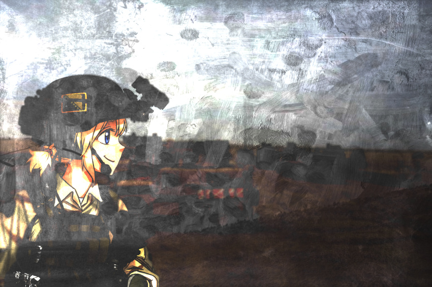 1girl, blonde_hair, blue_eyes, bosnia_and_herzegovina_flag, highres, load_bearing_vest, looking_to_the_side, meme