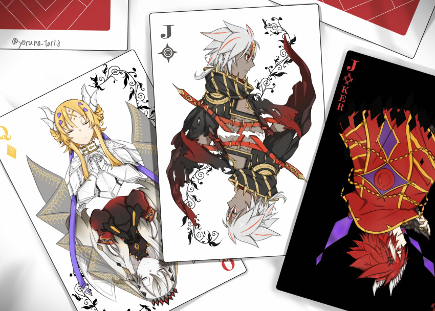 2boys, 2girls, albaz_(yu-gi-oh!), aluber_the_jester_of_despia, armor, blazing_cartesia_the_virtuous, blonde_hair, card