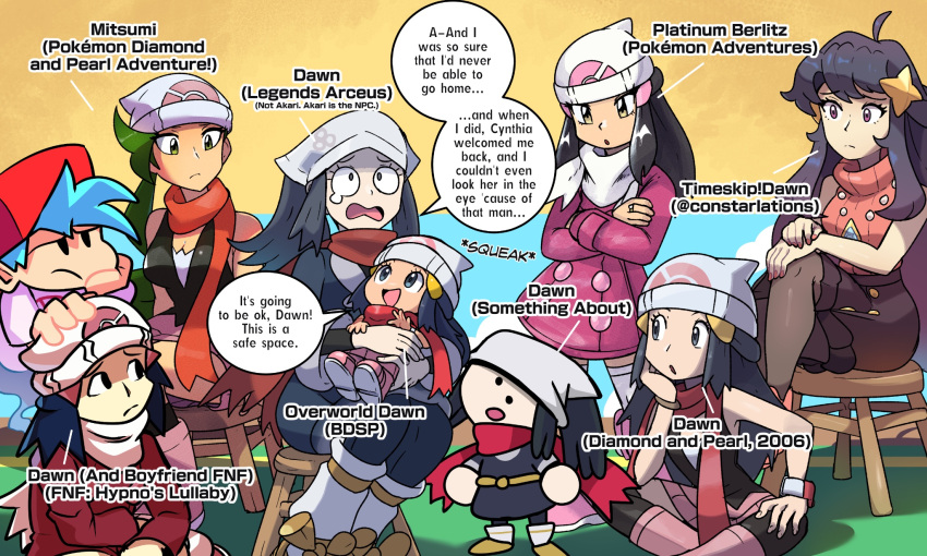 ._., 1boy, 6+girls, :d, aged_up, borrowed_design, boyfriend_(friday_night_funkin'), crossed_legs, crying, english_text, friday_night_funkin', hat, highres, hikari_(pokemon), juno_son, mini_person, minigirl, mitsumi_(pokemon), multiple_girls, multiple_persona, pokemon, pokemon_(game), pokemon_adventures, pokemon_bdsp, pokemon_dp_(manga), pokemon_dppt, pokemon_legends:_arceus, sitting, smile, something_about, speech_bubble, stool, support_group, terminalmontage_(style)