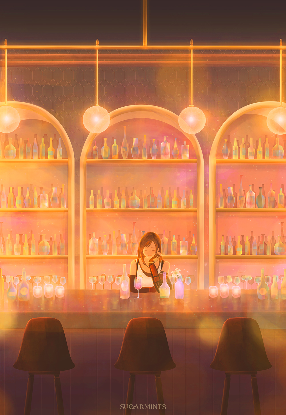 1girl, alcohol, arm_guards, artist_name, bar_(place), bare_shoulders, bartender, black_gloves
