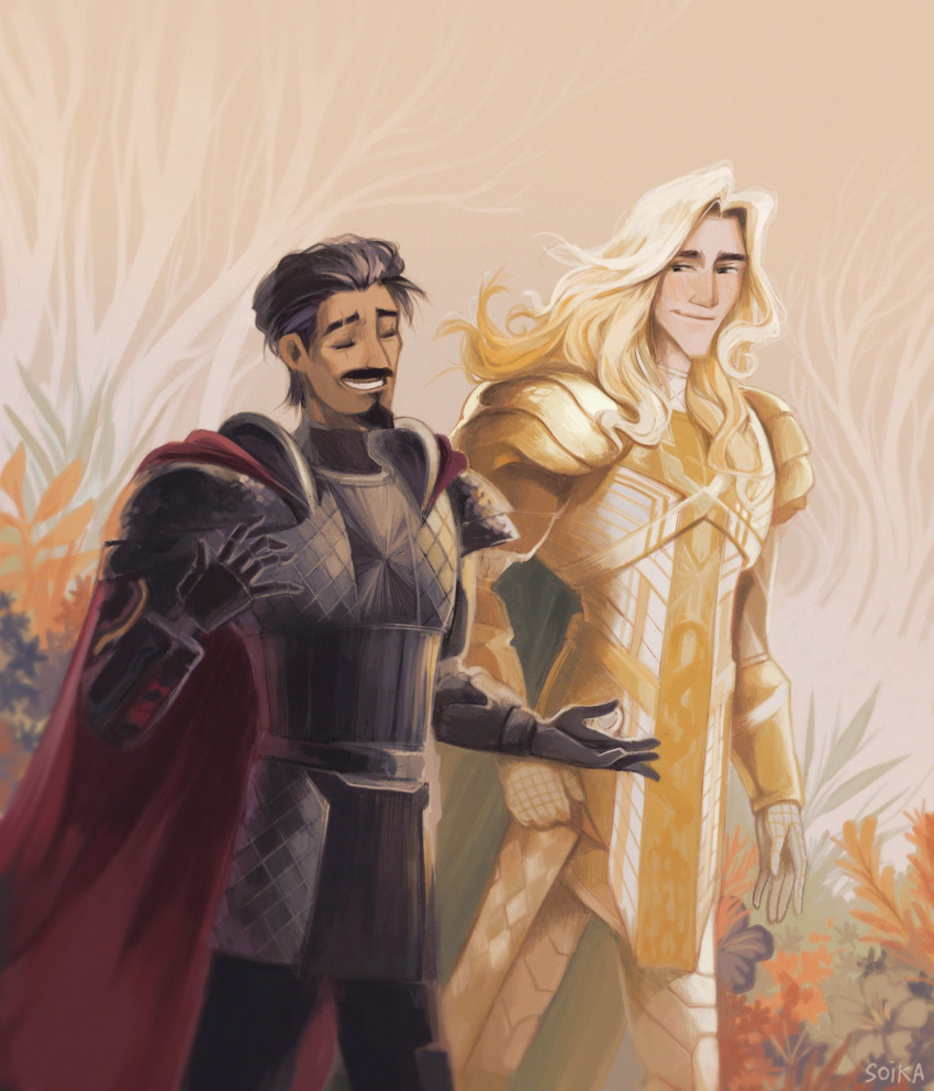 2boys, alternate_hair_length, alternate_hairstyle, ambrosius_goldenloin, armor, ballister_boldheart, black_hair, blonde_hair