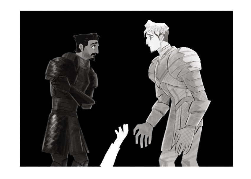2boys, absurdres, ambrosius_goldenloin, amputee, armor, ballister_boldheart, black_background, black_hair