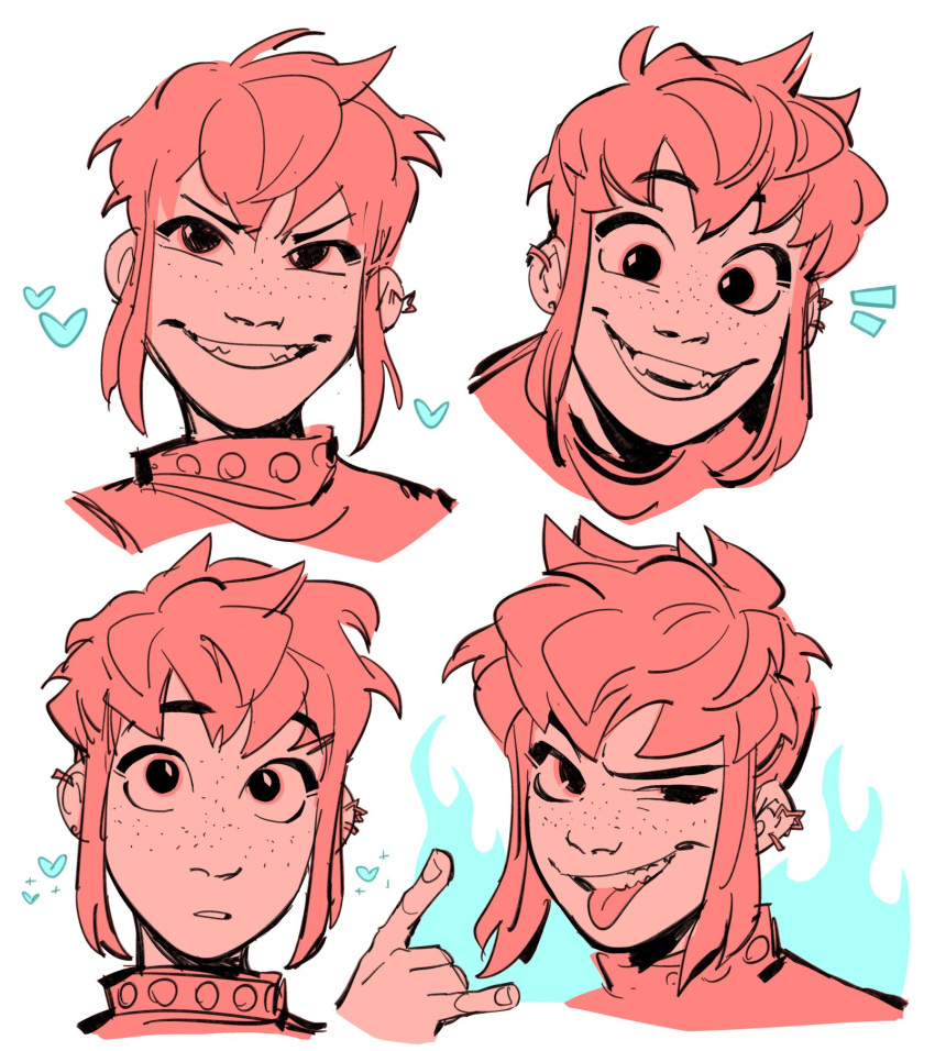 1girl, \n/, collar, ear_piercing, earrings, freckles, grin, habkart