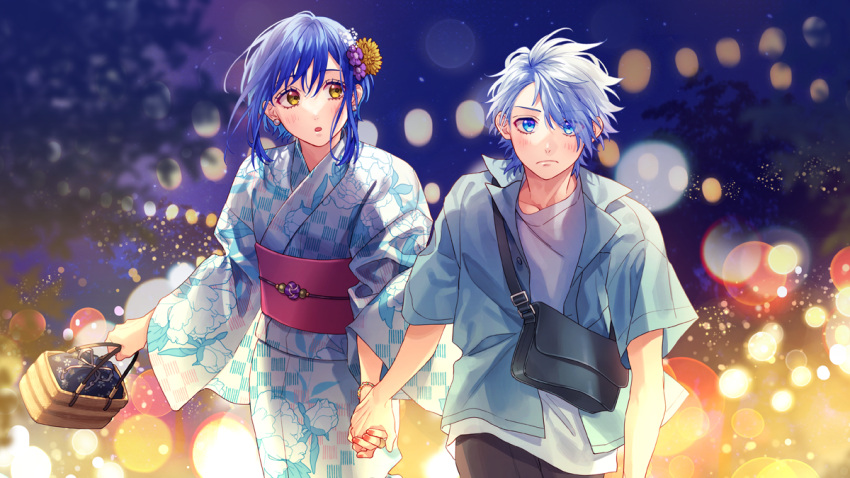 1boy, 1girl, ayase_koyuki, backlighting, bag, blue_eyes, blue_hair, blurry