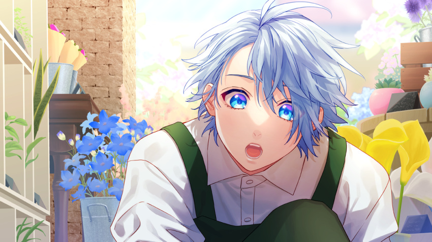 1boy, :o, apron, ayase_koyuki, blue_eyes, blue_flower, bucket, collared_shirt