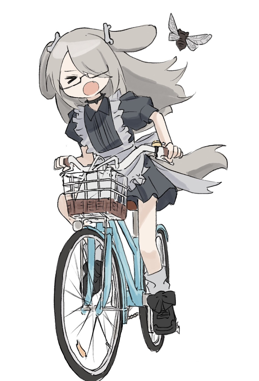 >_<, 1girl, :o, animal_ears, apron, back_bow, bicycle, bicycle_basket