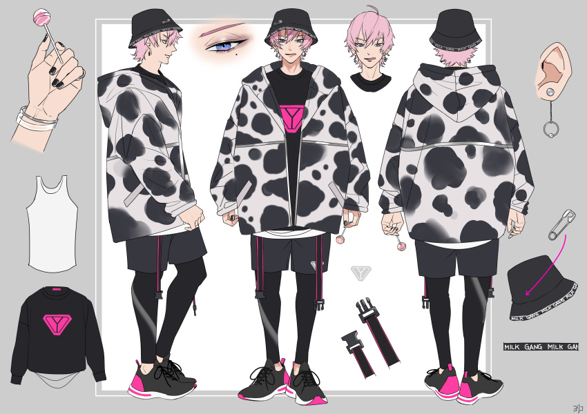 1boy, :p, ahoge, black_nails, blue_eyes, bracelet, bucket_hat, candy