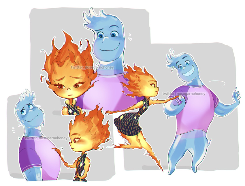 1boy, 1girl, black_dress, blue_eyes, colored_sclera, dancing, diamond_print, dress