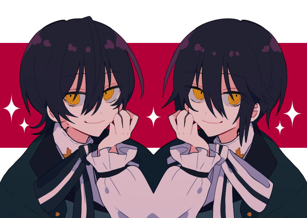 2boys, black_hair, black_ribbon, brothers, closed_mouth, collared_shirt, frilled_sleeves, frills